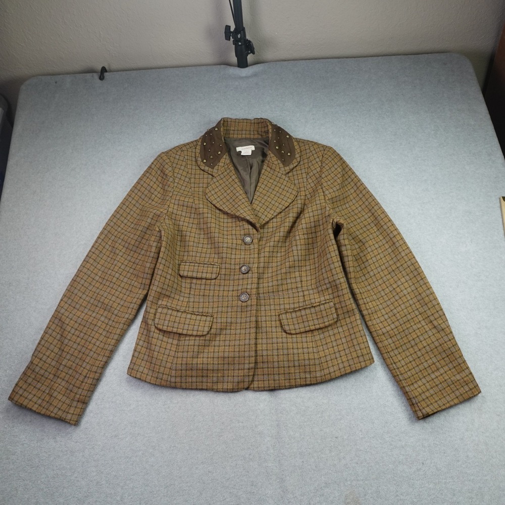 Sundance Blazer Womens 14 Brown Plaid Studded Collar Wool Western Jacket